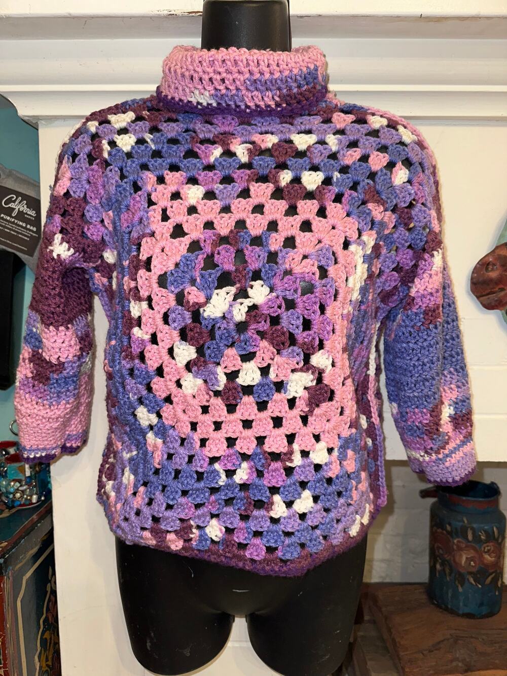 VINTAGE HAND CROCHET GRANNY SQUARE BOHO TURTLENECK SWEATER S